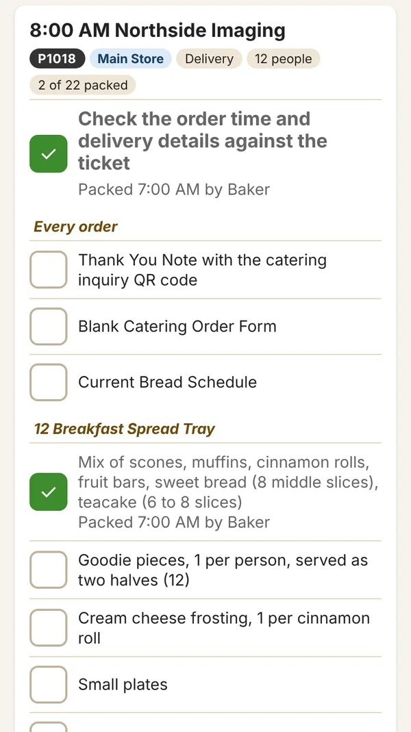 Catering pack list for a delivery: the check step, the kit every order gets, then each item's list scaled to the headcount